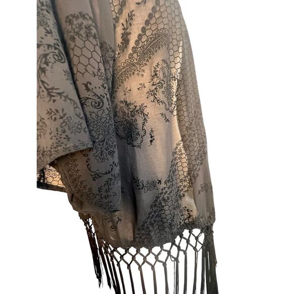 Festival Whimsigoth Cowboy Black Kimono Sheer Duster Cardigan Fringe Floral Mesh - Picture 11 of 16